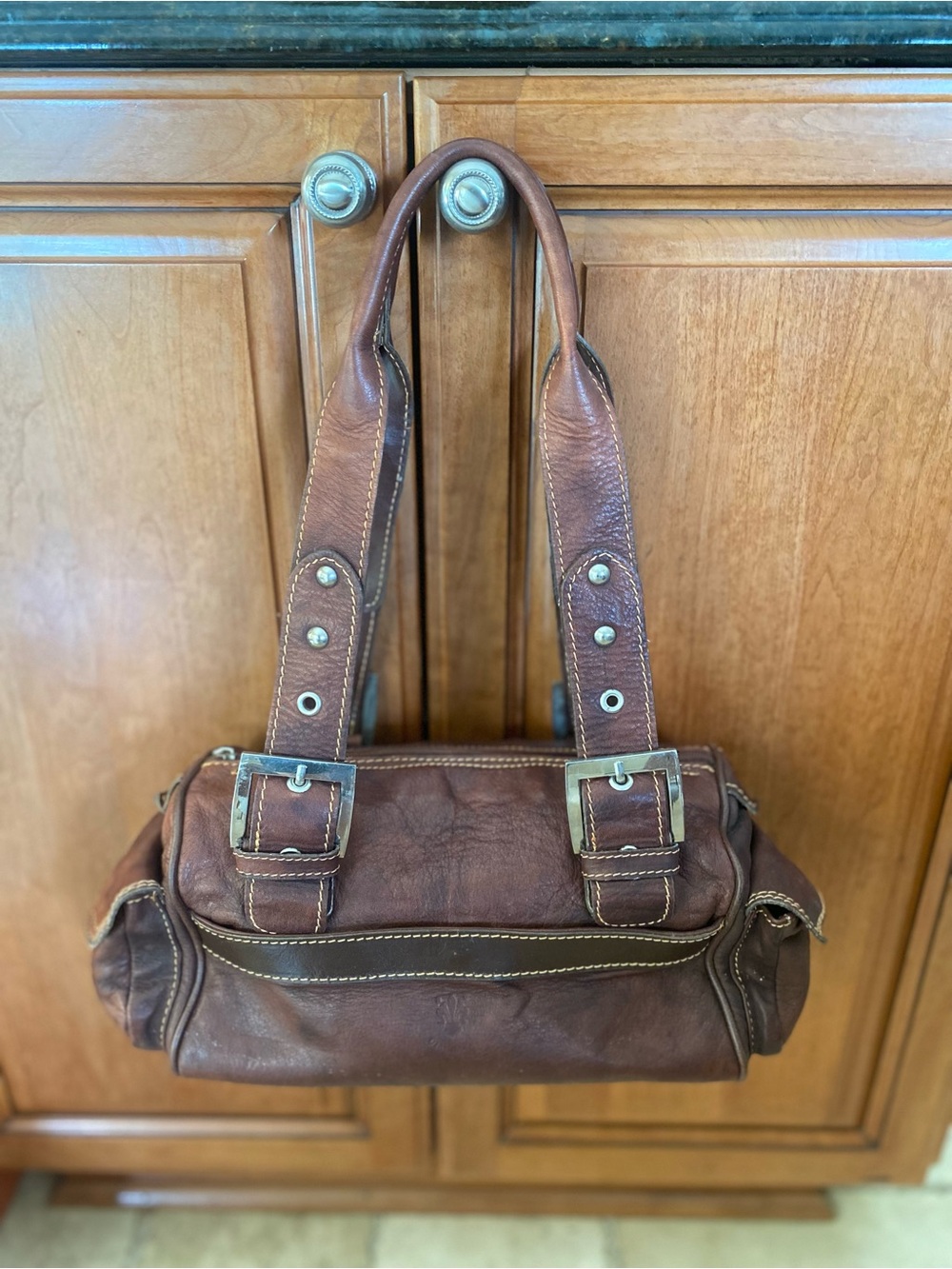 Vintage Y2K Vera Pelle Italian Brown Leather Shoulder Bag with Buckle Straps - Picture 2 of 10